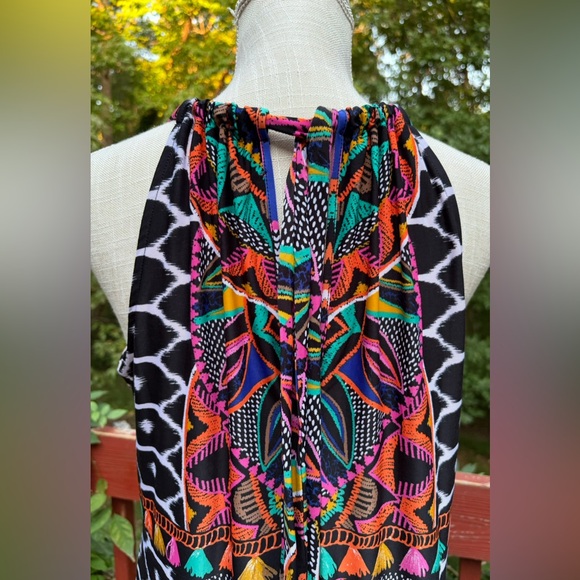 TRINA TURK  Abstract Halter Dress- Size M - Great Colors -Fringe around bottom- - Picture 6 of 6